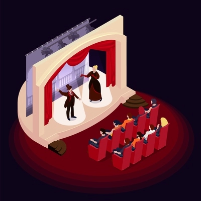 Theatre concept with drama and opera performance symbols isometric vector illustration