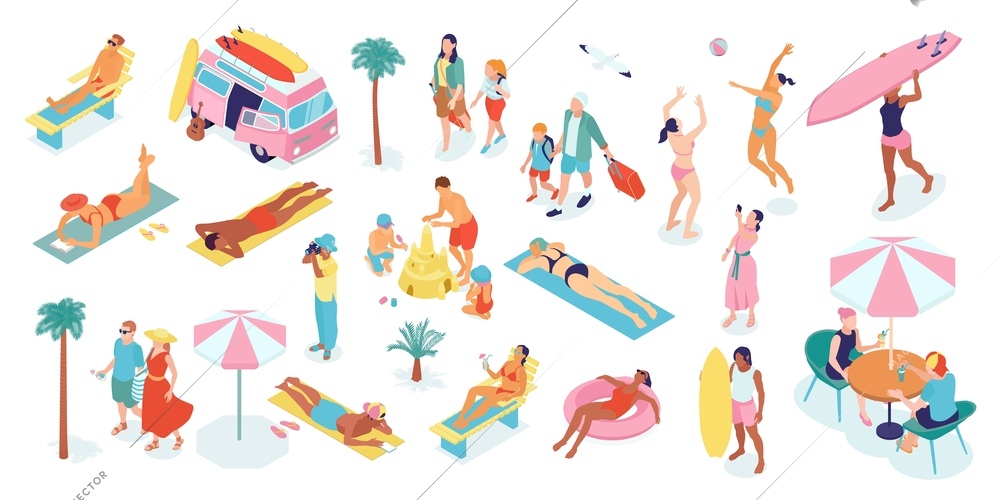 Summer vacation color set with resort symbols isometric isolated vector illustration