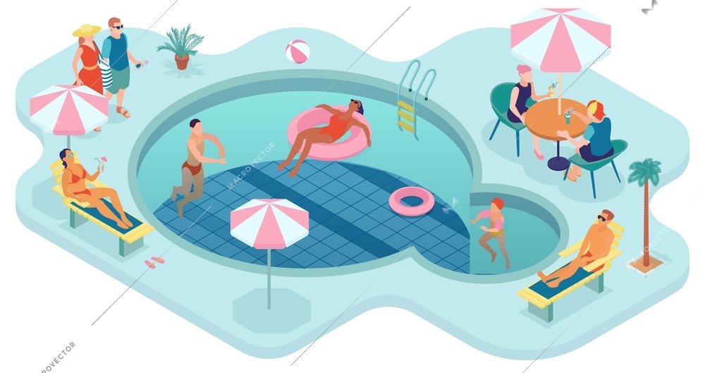 Summer vacation concept with swimming and sunbathing symbols isometric vector illustration