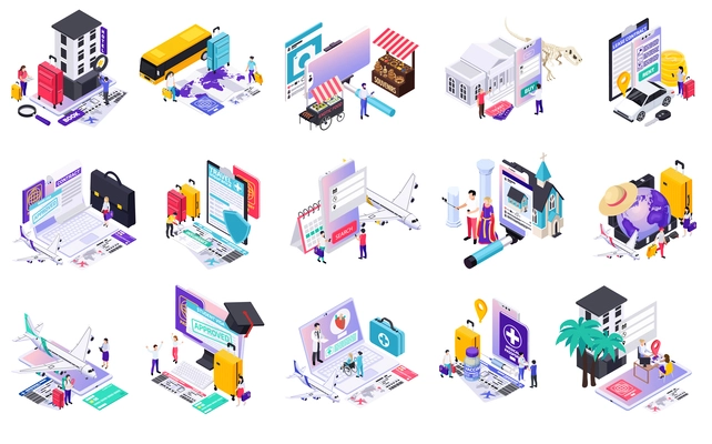 International tourism isometric set of isolated compositions with planes landmarks flight tickets suitcases and human characters vector illustration