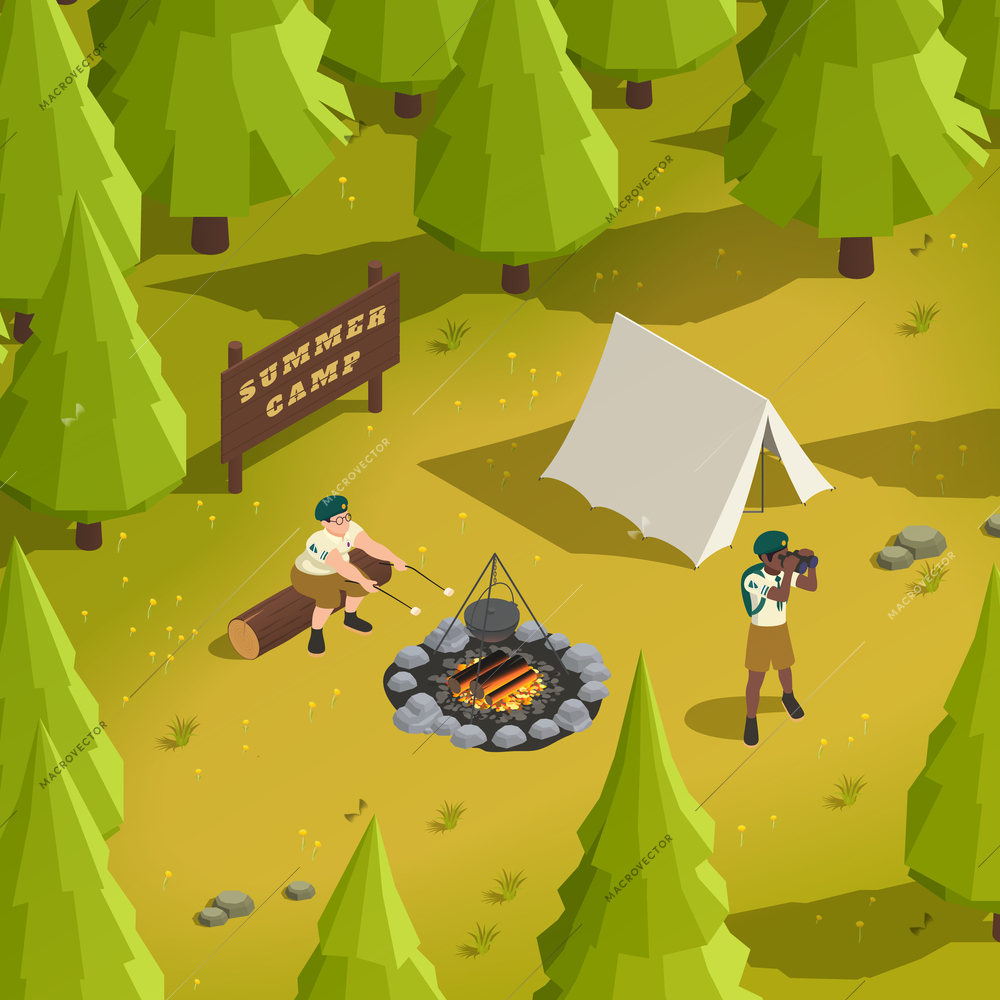 Boys scouts cooking marshmallow on fire and viewing through binoculars in summer camp in forest 3d isometric vector illustration