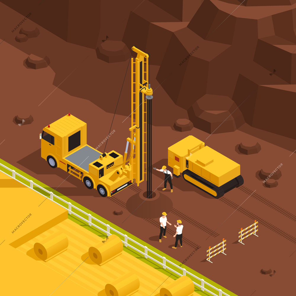 Well drilling process with rig and workers in non urban area 3d isometric vector illustration