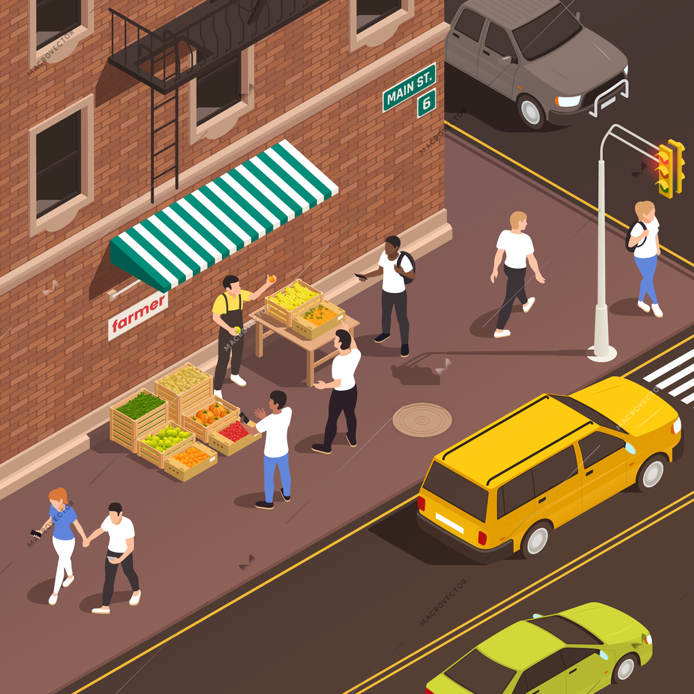 Food industry profession composition with farmer selling fresh vegetables and fruit in city street 3d isometric vector illustration