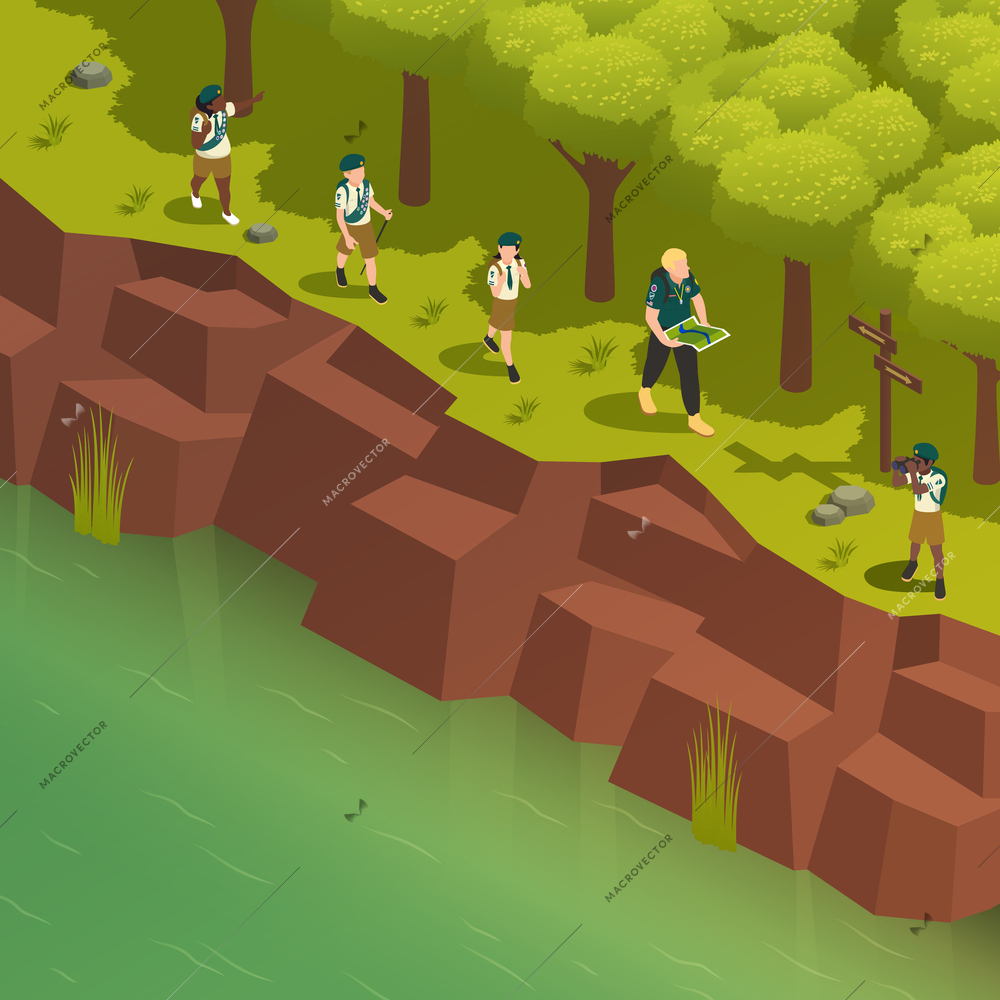 Scout summer camp isometric background with children walking in forest along river with male instructor 3d vector illustration
