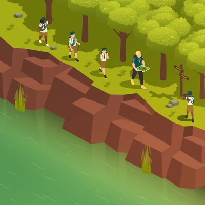 Scout summer camp isometric background with children walking in forest along river with male instructor 3d vector illustration