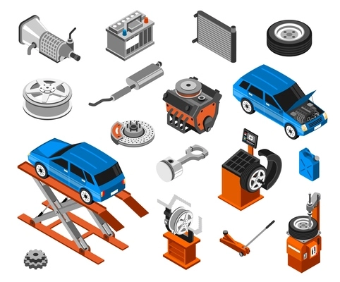 Isometric car repair icons set with auto spare parts and diagnostic tools isolated vector illustration