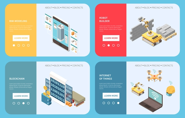 Modern construction technologies  2x2 design concept with robot builder and bim modeling landing pages isometric vector illustration