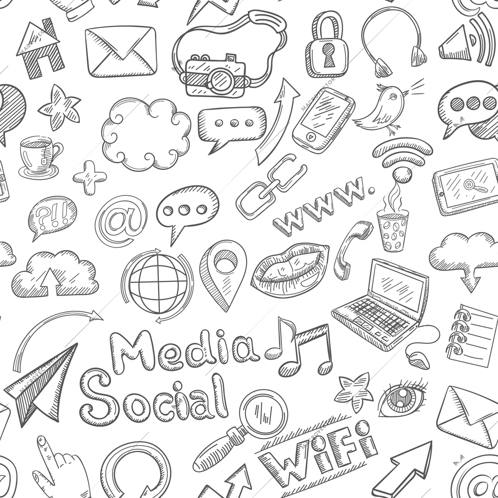 Social media seamless pattern with doodle communication signs vector illustration