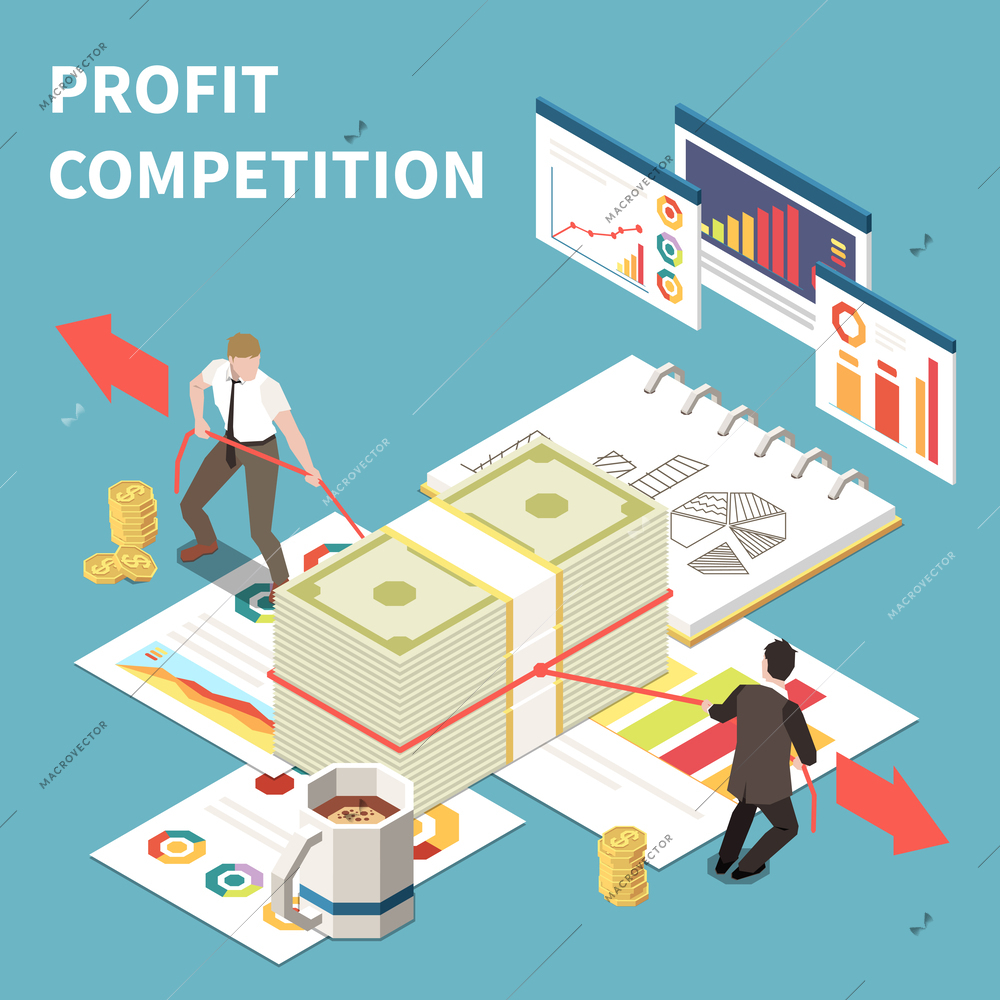 Profit competition isometric background with two businessman pulling each to himself bundle of banknotes vector illustration