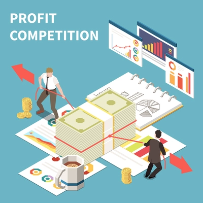 Profit competition isometric background with two businessman pulling each to himself bundle of banknotes vector illustration