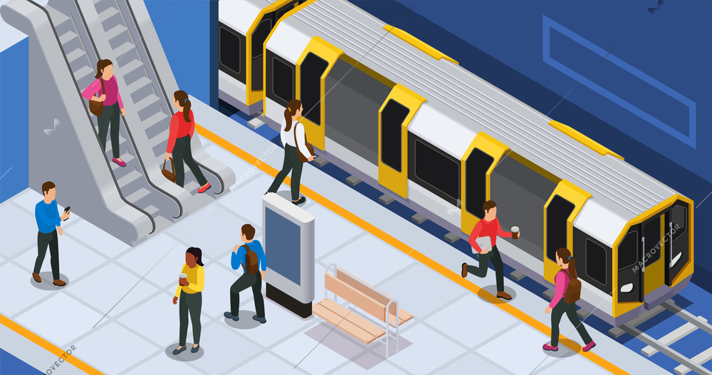 Subway station with passenger walking running for train going down and up escalator isometric background vector illustration