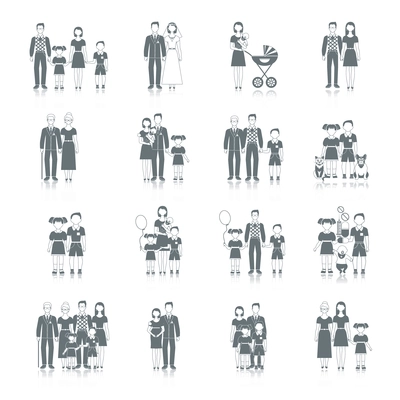 Family icon black set with loving couple male and female friends characters isolated vector illustration