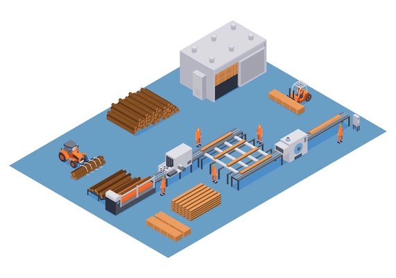 Isometric sawmill and lumber industry concept with timber and planks making process vector illustration