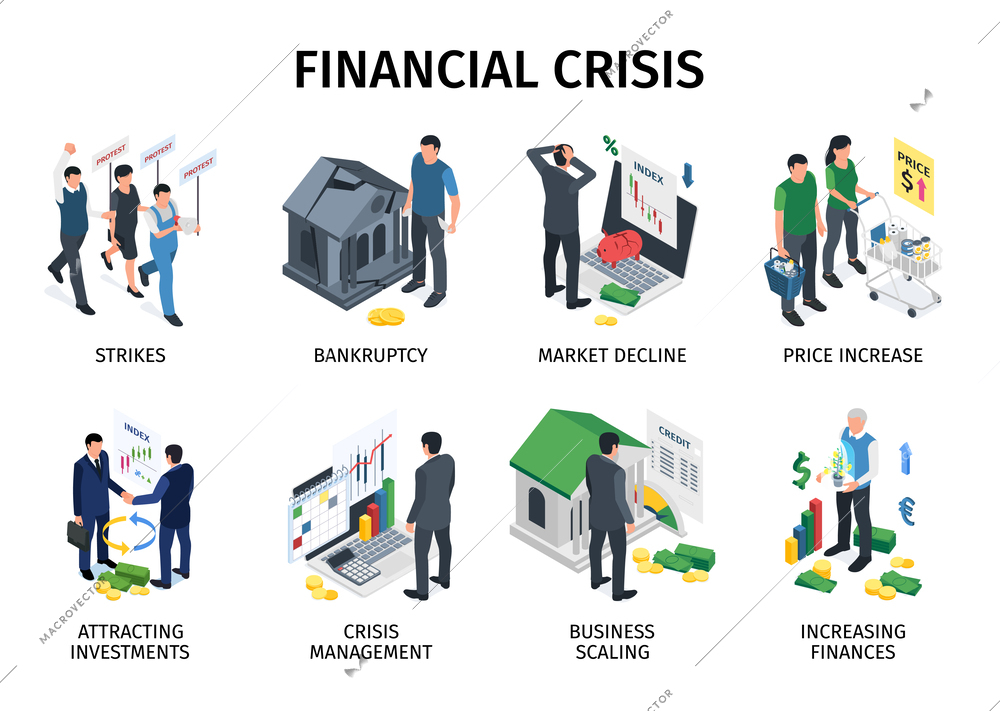 Isometric business crisis icons set with market decline and price increase symbols isolated vector illustration