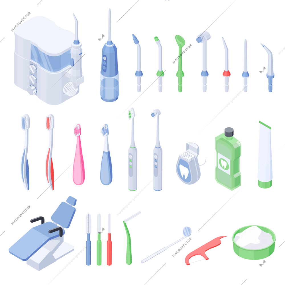 Dental hygiene isometric set of dental floss electric and usual toothbrushes and nozzles for  irrigator isolated vector illustration