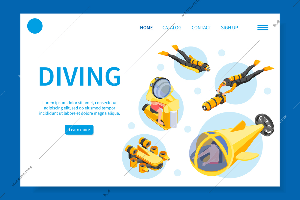 Diving isometric landing page providing information about equipment for deepsea explore vector illustration