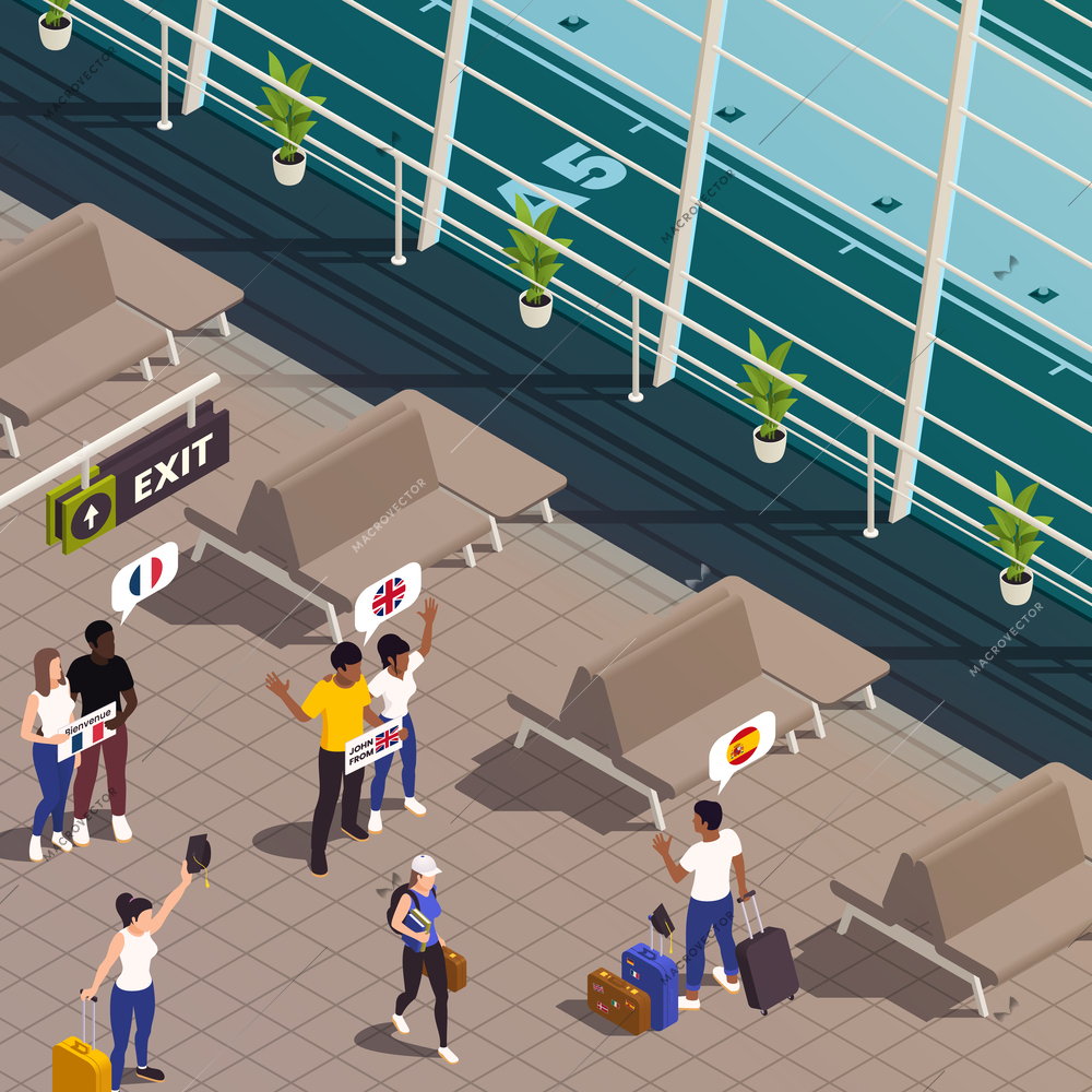 Global education student exchange isometric composition with indoor view of airport arrivals lobby with human characters vector illustration