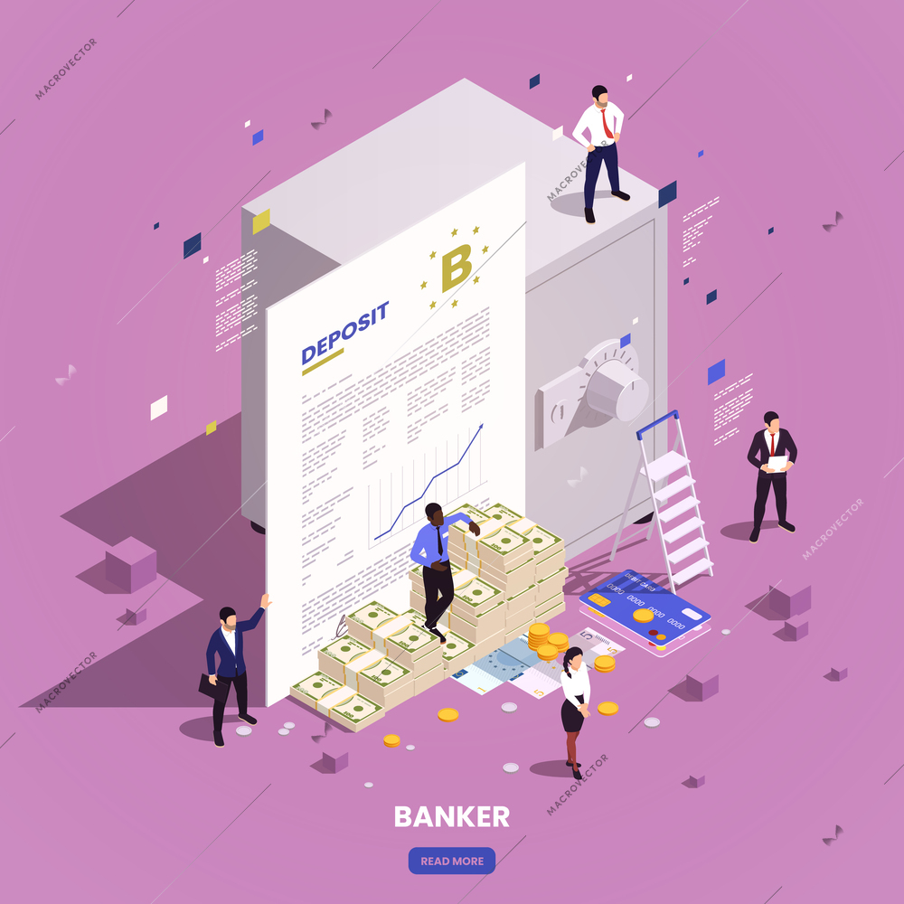 Financial professions isometric composition with clickable button editable text and deposit agreement safe box and cash vector illustration