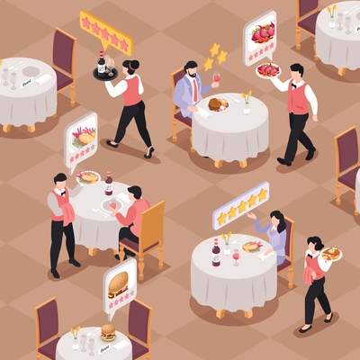 Restaurant rating illustration with guests giving 5 stars rating vector illustration