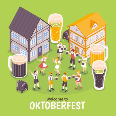 Oktoberfest isometric composition with traditional German buildings ans beer mugs vector illustration