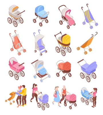 Isometric baby carriage icons set with parents pushing strollers isolated vector illustration