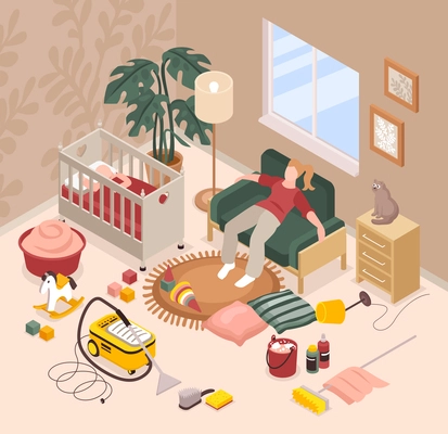 Woman in baby room tired of housework and motherhood isometric vector illustration