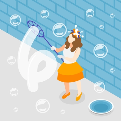 Street artists isometric background composition with outdoor view of female performer making soap bubbles with stick vector illustration
