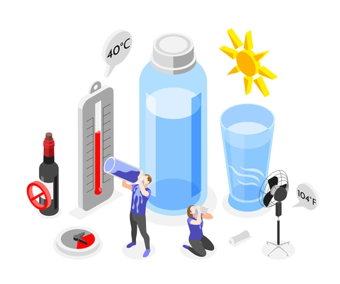 Heat stroke isometric composition with set of water containers sun alcohol prohibition sign thermometer and people vector illustration