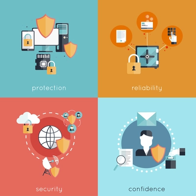 Information security design concept set with protection reliability security and confidence flat icons isolated vector illustration