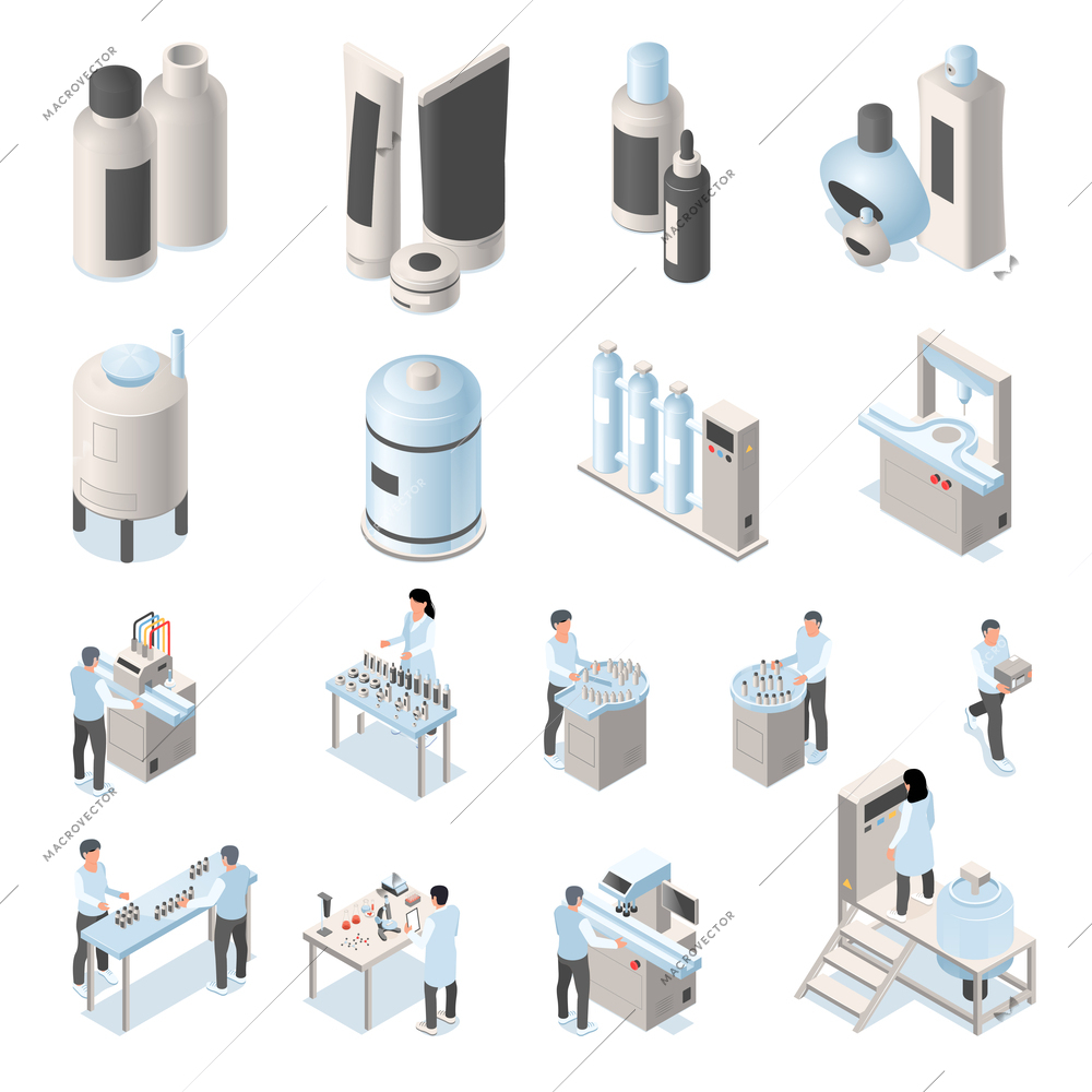 Set with isolated isometric cosmetic production icons with views of factory and laboratory units with workers vector illustration