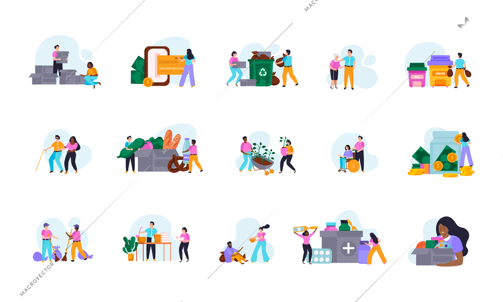 Donation and volunteer work flat recolor icon set volunteers help the disabled and needy and clean up trash vector illustration