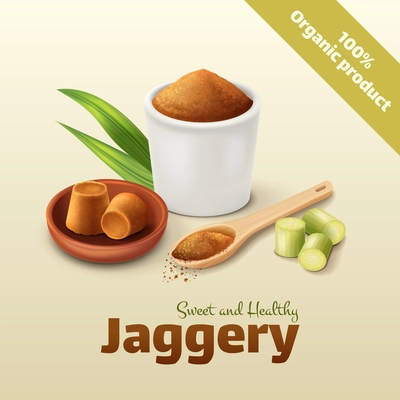 Sweet and healthy jaggery composition with brown powder and blocks wooden spoon green sugar cane leaves realistic vector illustration