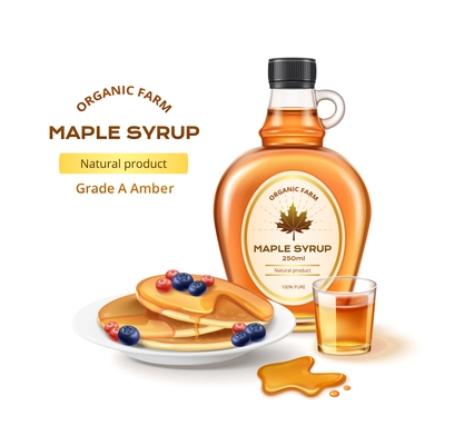 Bottle of organic maple syrup glass and plate with pancakes realistic composition vector illustration