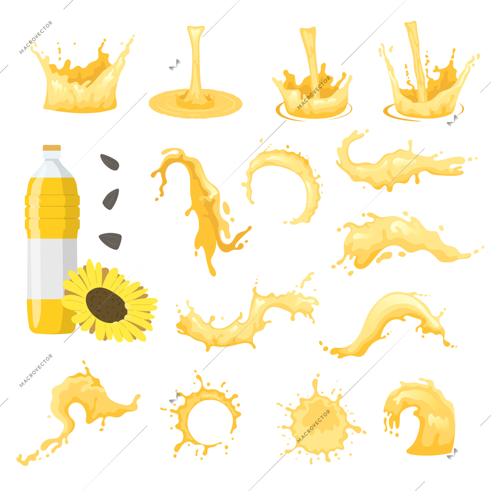 Pouring sunflower oil splashes flat icons set isolated vector illustration