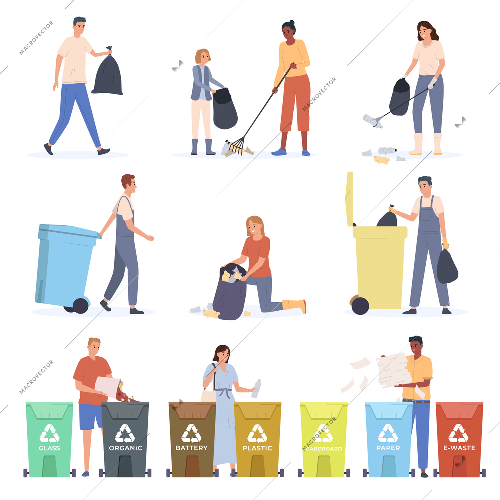 People collecting garbage and sorting waste flat set isolated vector illustration