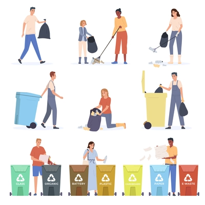 People collecting garbage and sorting waste flat set isolated vector illustration