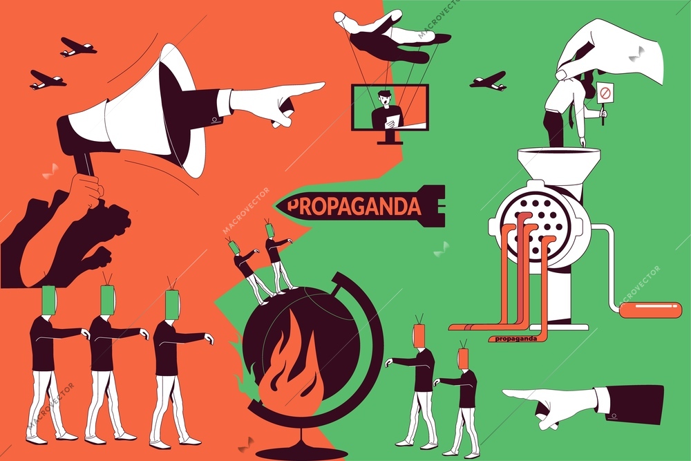 Propaganda flat vector illustration demonstrated people characters with gadgets instead of head zombified by fake news