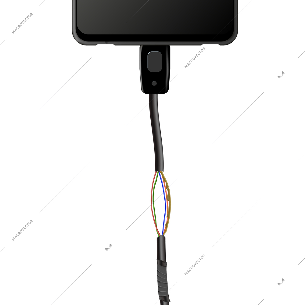 Damaged charger cable with smartphone on white background realistic vector illustration