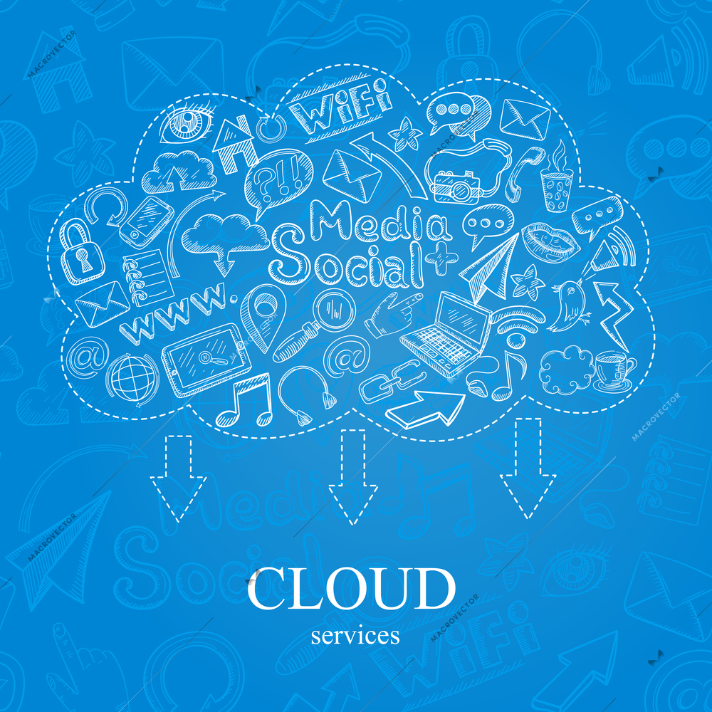 Social media cloud services concept with doodle icons set vector illustration