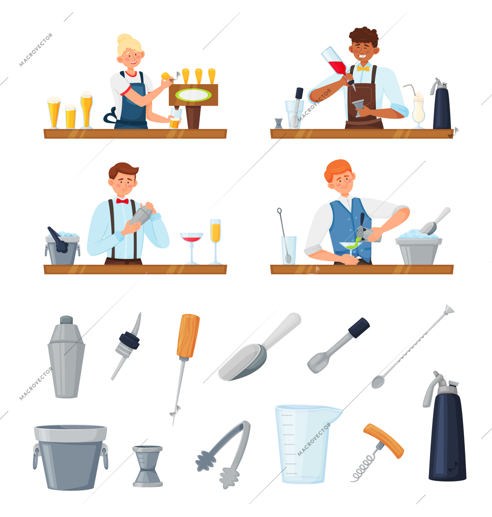 Set of isolated barman bartender equipment flat icons with images of scoops buckets and bar stands vector illustration