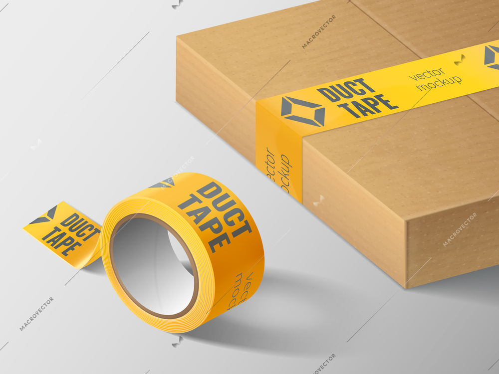 Duct tape mockup realistic composition with cardboard box sealed with yellow tape and roll with text vector illustration