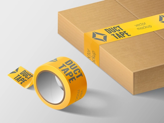 Duct tape mockup realistic composition with cardboard box sealed with yellow tape and roll with text vector illustration