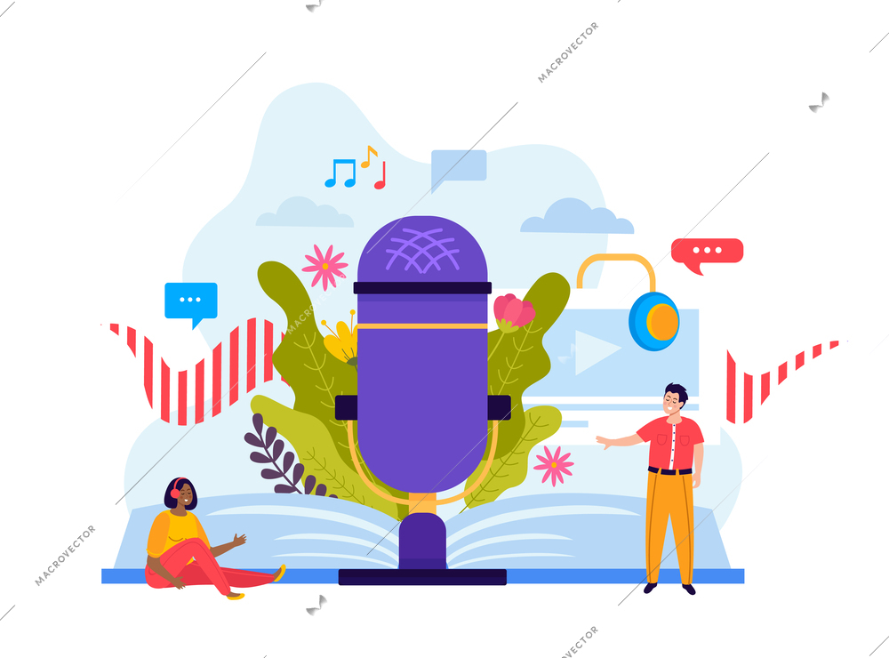 Podcast flat conceptual composition with microphone and human characters vector illustration