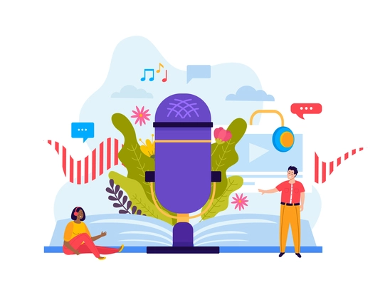 Podcast flat conceptual composition with microphone and human characters vector illustration