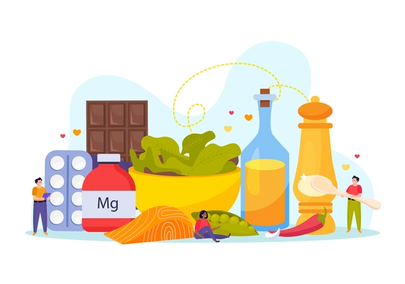 Flat magnesium foods composition with nutrient natural sources and supplement pills vector illustration