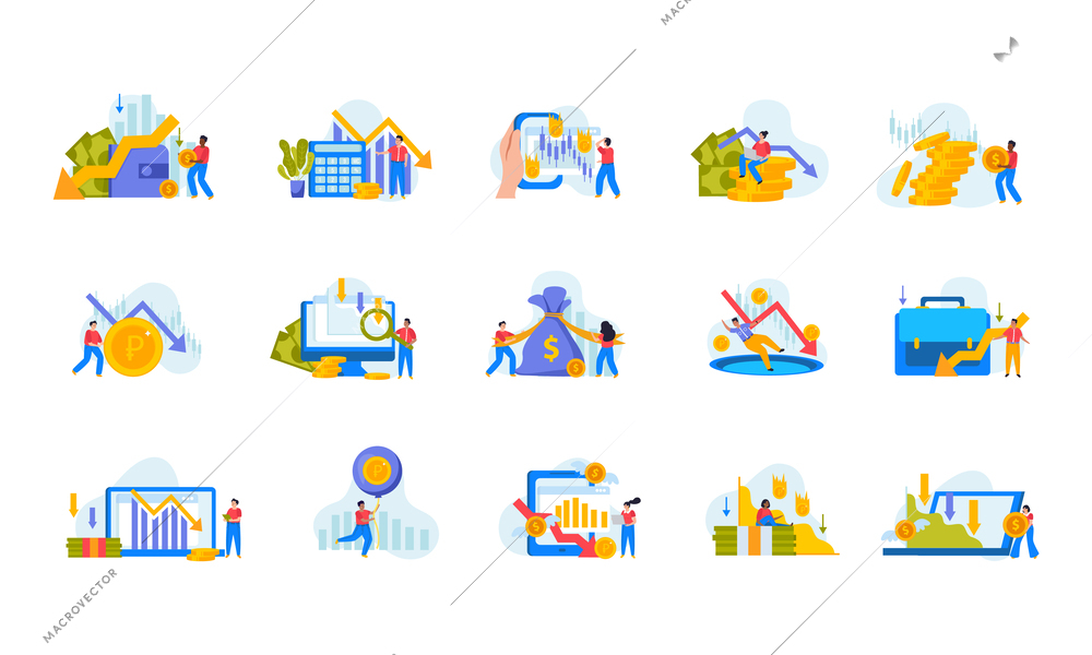 Flat economy crisis icons set with falling financial charts tiny people and money symbols isolated on white background vector illustration