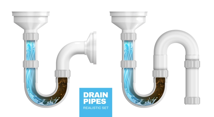 Sewerage siphons clogged with mud and liquid cleaning detergent realistic composition isolated  vector illustration