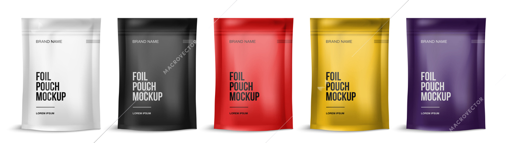 Premium foil pouch mockup realistic set of five colored one size packets with zipper isolated vector illustration