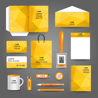 Yellow geometric technology business stationery template for corporate identity and branding set vector illustration