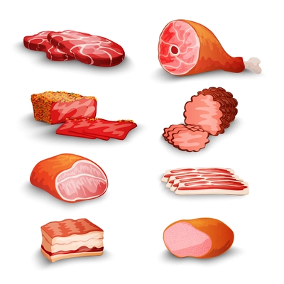 Fresh meat products set with steak bacon fillet ham isolated vector illustration